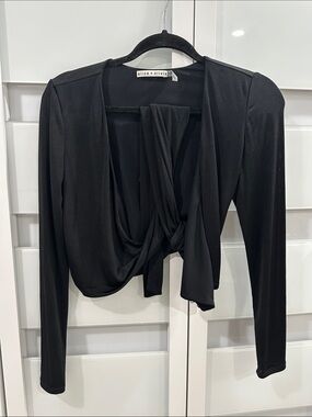 Alice + Olivia Black Tie-Front Drape Crop Top